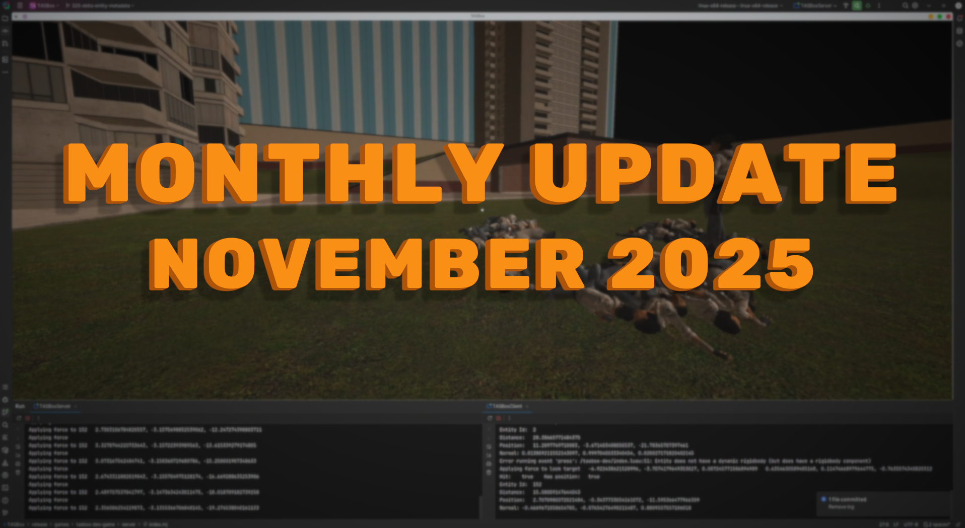 Window showing TASBox on gm_construct with many ragdolls spawned in. The text "Monthly Update November 2025" is overlaid