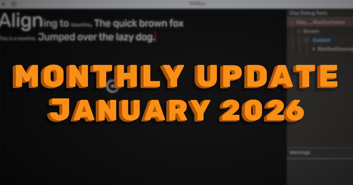 Screenshot of TASBox with a rich text editor showing. The text "Monthly Update January 2026" is overlaid